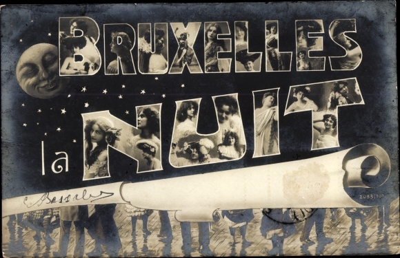 Letters Postcard Bruxelles Brussels, La Nuit, moon face, portraits of women