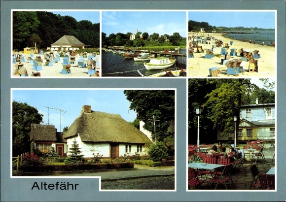 Ak Altefaehr op het eiland Rügen, café aan het strand, zeilhaven, oud vissershuis, kuuroordhuis