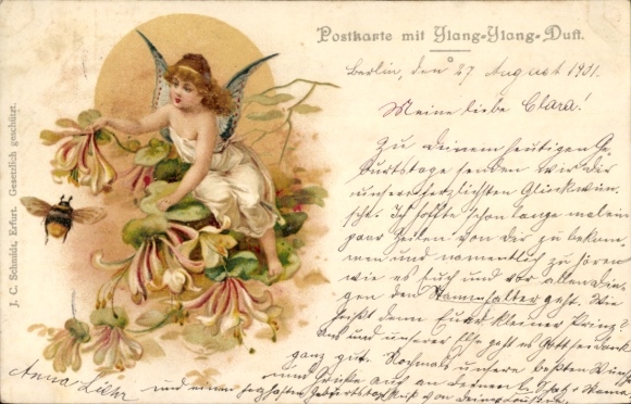Chromo-Litho angel, flowers, bumblebee, kitsch, scented PC