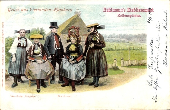 Chromo-Litho Hamburg Bergedorf Vierlanden, bridal couple in traditional costume, Bahlmanns Etablissement Zollenspieker