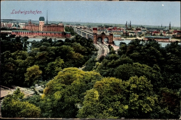 Ak Ludwigshafen am Rhein, Landschaft mit Bäumen,  Fluss, Brücke, Gebäude