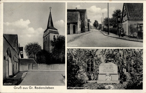 Postcard Groß Rodensleben Wanzleben Börde in Saxony-Anhalt, church, war memorial, village street