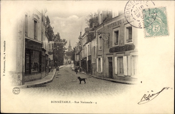 PC Bonnétable Sarthe, cobblestone street, dog, shops, hotel, postmark