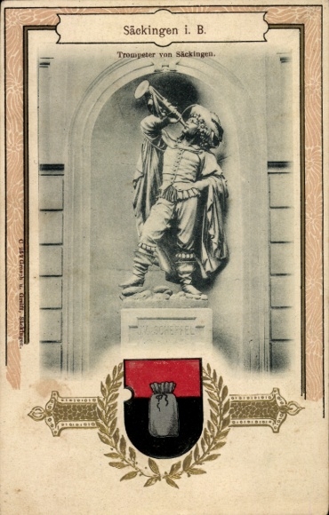 Embossed coat of arms Postcard Bad Säckingen am Hochrhein, Trumpeter of Säckingen