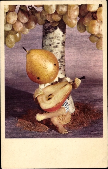 Postcard Humanized pear, grapes