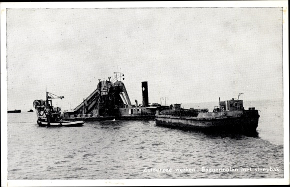 Postcard IJsselmeer, Zuidersee works, Dredging mill with drag barge