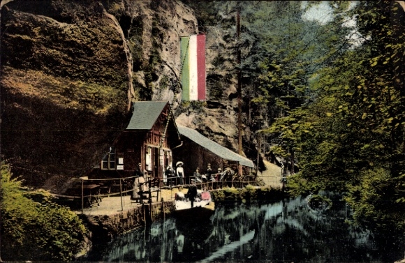 Ak Hinterhermsdorf Sebnitz Sächsische Schweiz, Bootsstation, Obere Schleuse, Wasser, Bäume, Mensc