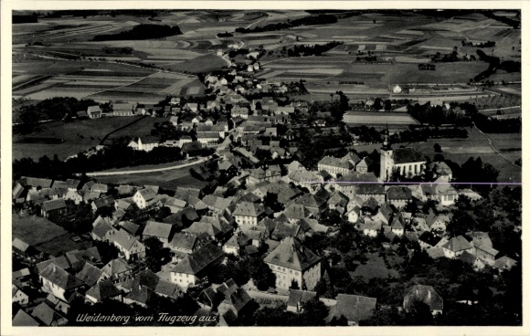 Postcard Weidenberg district of Bayreuth in Upper Franconia, total view of the village, church, aerial photograph