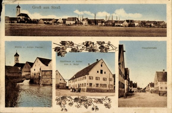 Ak Straß Nersingen in Schwaben, Gesamtansicht, Mühle Anton Harder, Gasthaus zum Adler, Hauptstraße