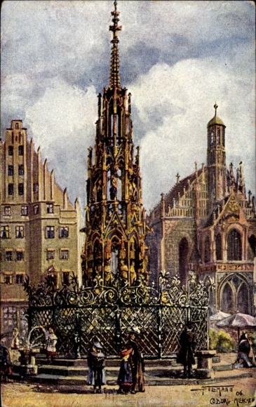 PC Nuremberg in Middle Franconia, Schöner Brunnen (Beautiful Fountain), Gothic architecture, people in the scene, hi...