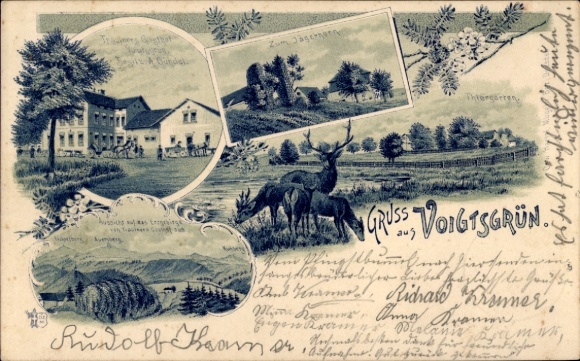Chromo-Litho Voigtsgrün Hirschfeld in Saxony, Trautners Gasthof, Zum Jägerhorn, Tiergarten