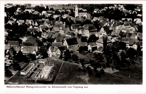 Postcard Pfalzgrafenweiler in the Black Forest Württemberg, aerial view of the Black Forest, swimming pool, church