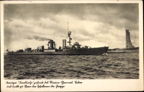 Postcard Naval Memorial Laboe, German Warship, Karlsruhe, Cruiser, Lowered Flag