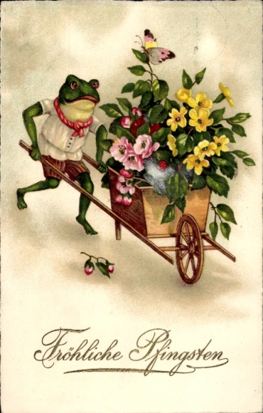 PC congratulations, Pentecost, frog with wheelbarrow, flowers