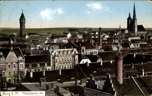 Postcard Burg near Magdeburg, castle view, buildings, brewery, churches, towers