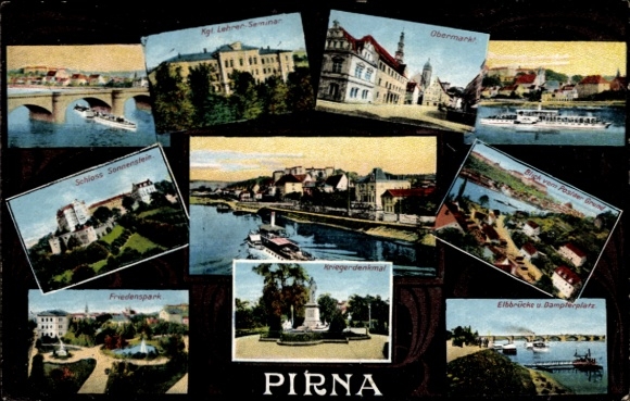 Ak Pirna in Saksen, kasteel Sonnenstein, Vredespark, Koninklijk Lerarenseminarie, Oorlogsmonument