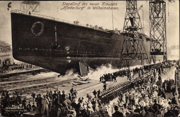 Artist PC Schwarmstädt, F., Wilhelmshaven in Lower Saxony, cruiser Hindenburg, launched