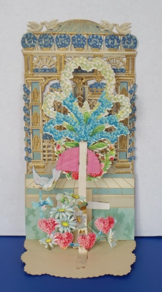 Scenery card 3D wafer standee, congratulations, heart of blossoms, flowers, dove, roses