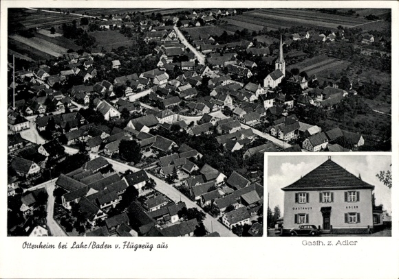 Ak Ottenheim Schwanau am Rhein Baden, Luftbild von Ottenheim, Gasthaus zum Adler, ländliche Umgeb