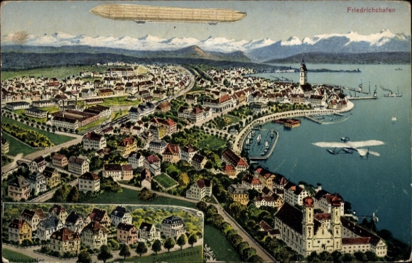 Postcard Friedrichshafen on Lake Constance, Zeppelinstraße, Zeppelin over the city