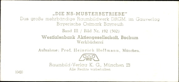 Stereo spatial image photo NS model companies 1937-38 No. 502 III/192 Westfalenbank AG Bochum, works library