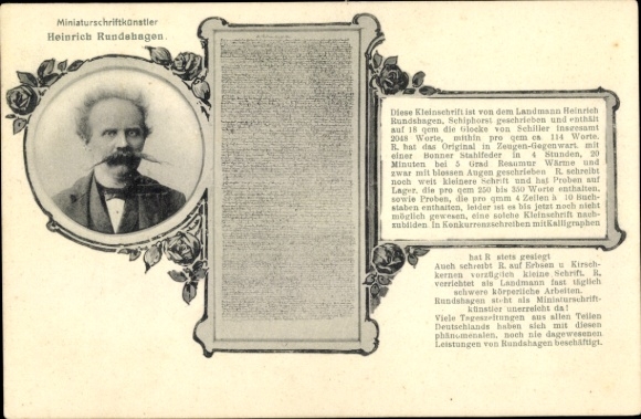 Postcard Schiphorst in the Duchy of Lauenburg, miniature calligrapher Heinrich Rundshagen, Schiller's Bell
