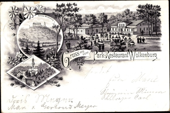 Chromo-Litho Wolkenburg an der Mulde Limbach Oberfrohna Saxony, park restaurant, castle