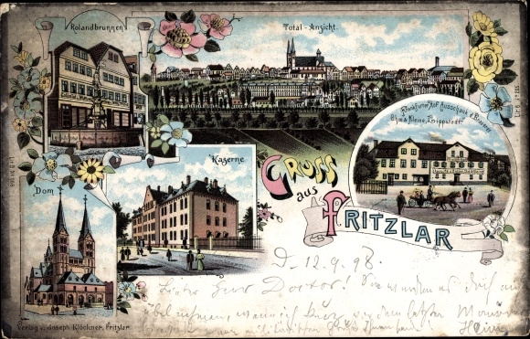 Chromo-Litho Fritzlar in Hesse, barracks, Roland fountain, cathedral, inn