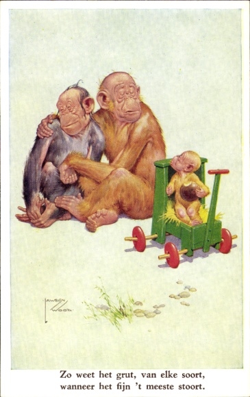 Artist Postcard Wood, Lawson, Humanized Apes, Child in a Handcart