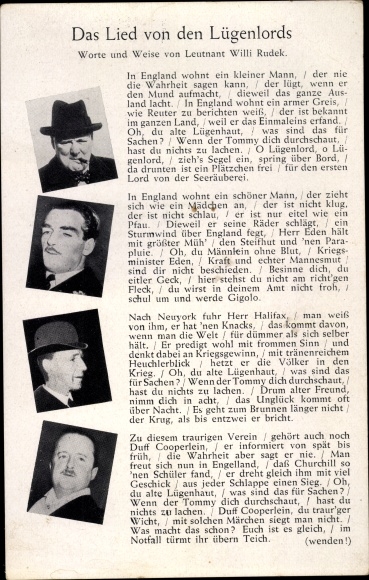 Song Postcard The Song of the Liar Lords, Willi Rudek, Churchill, Halifax, Duff Cooper
