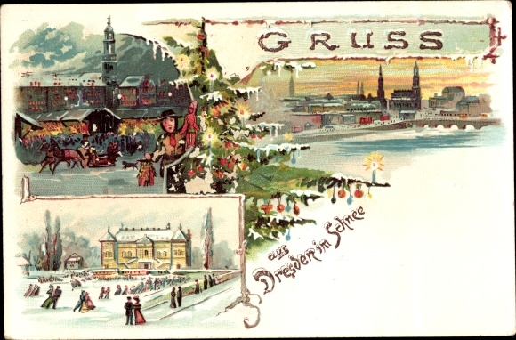 Chromo-Litho Dresden center, Christmas market, ice rink, Christmas tree