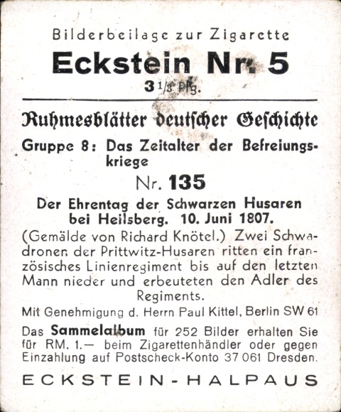 Collector's picture Glory Sheets of German History 135, Wars of Liberation, Black Hussars, Heilsberg
