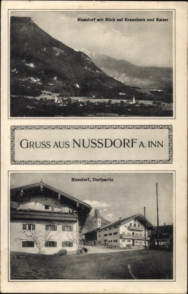 PC Nußdorf am Inn in the district of Rosenheim, Upper Bavaria, view of Kranzhorn and Kaiser, view of the village