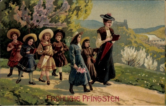 Präge Ak Glückwunsch Pfingsten, Singende Frau mit Kindern