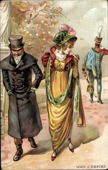 Artist Postcard Sous l'Empire, man with top hat, woman in yellow dress, soldier