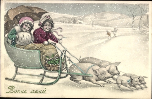 Postcard Happy New Year, sleigh team, pigs, children