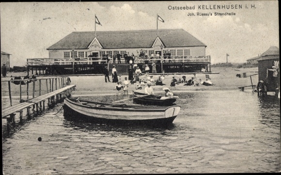 Postcard Kellenhausen in Holstein, view of the beach hall, rowing boats, beach party