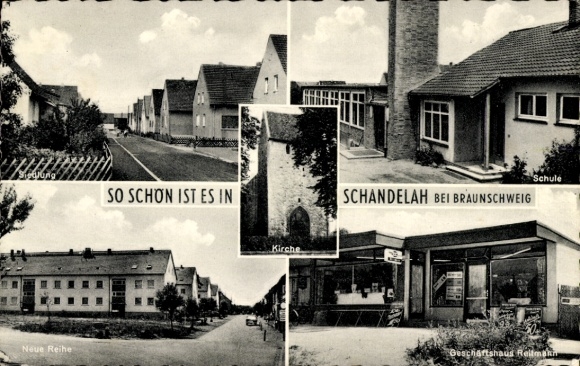 Postcard Schandelah Cremlingen in Lower Saxony, school, housing estate, Neue Reihe, Reitmann commercial building
