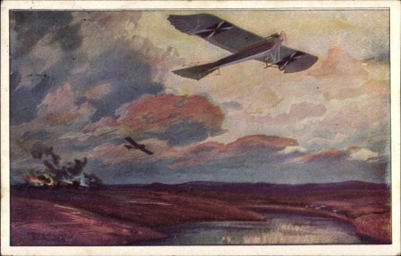 Artist PC Schulze, Hans Rudolf, military pigeon on an exploratory flight near the Masurian Lakes, WWI