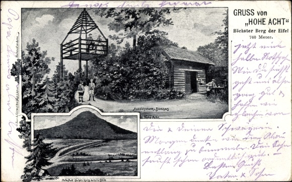 Postcard Adenau in the Eifel, Hohe Acht, observation tower, log cabin