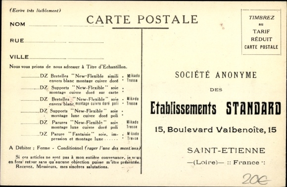 Postcard La Bretelle Parisiana, Societe Anonyme des Etablissements Standard, Saint Etienne, Advertising
