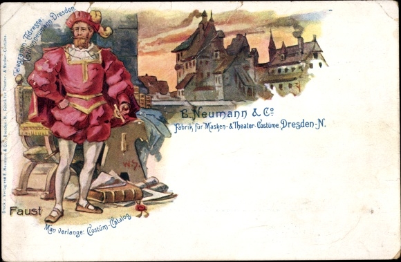 Kunstenaar Litho Dresden Neustadt, Faust, E. Neumann &amp; Co. Fabriek voor maskers en theaterkostuums