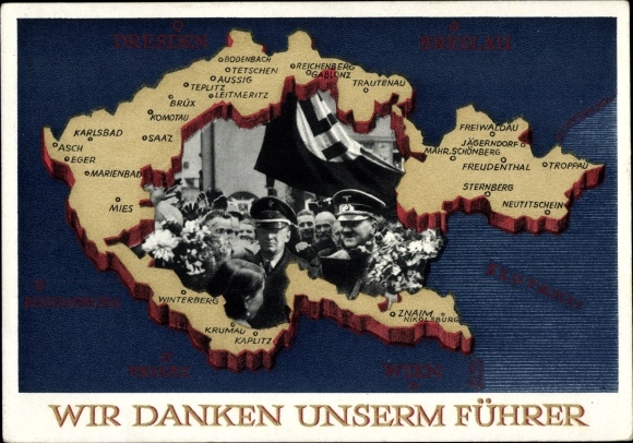 Postal stationery Postcard We thank our leader, Sudetenland, Bohemia, Moravia, Hitler