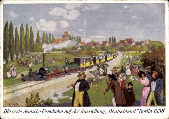 Künstler Ak Die erste deutsche Eisenbahn auf der Ausstellung "Deutschland" Berlin 1936