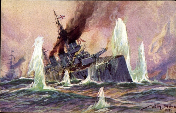 Artist Postcard Stöwer, Willy, Naval Battle North Sea 1915, English Battlecruiser, German Cruisers