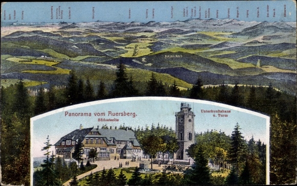 Postcard Wildenthal Eibenstock in the Ore Mountains, panorama from the Auersberg, accommodation house, Riesenberg