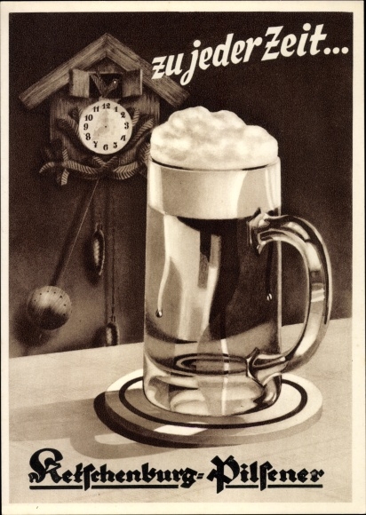 Postcard At any time Ketschenburg Pilsener, beer mug, advertisement, cuckoo clock