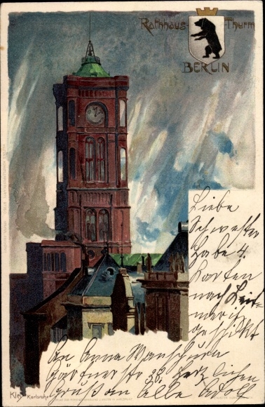 Artist Chromo-Litho Kley, H., Berlin, town hall tower, coat of arms
