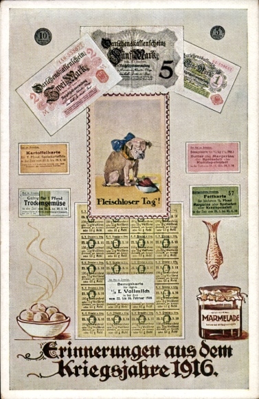 Ak Erinnerungen aus dem Kriegsjahre 1916, Fisch, Marmelade, Geldscheine