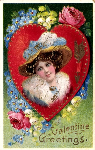 PC Greetings for Valentine's Day, Woman Portrait, Heart, Flowers